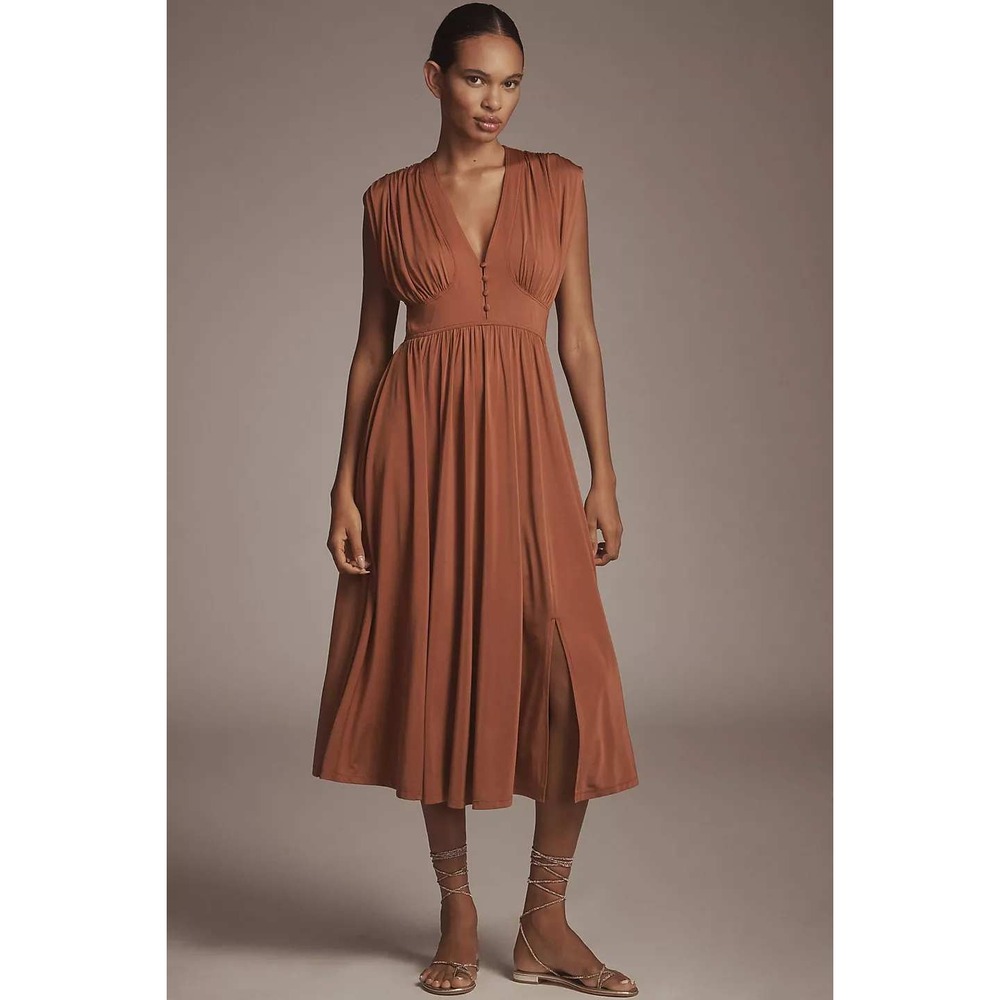 Anthropologie Rust Brown V-Neck A-Line Midi Dress Romantic Boho Retro Fallcore
